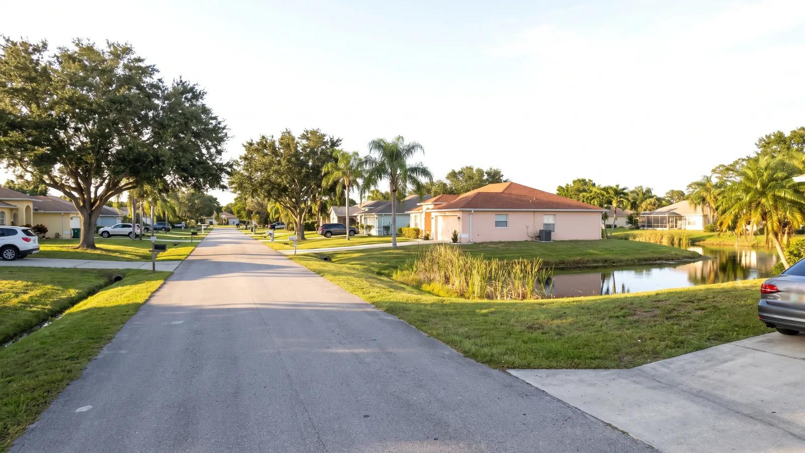 Quiet Port St. Lucie residential street with single-story block homes, palms and a canal