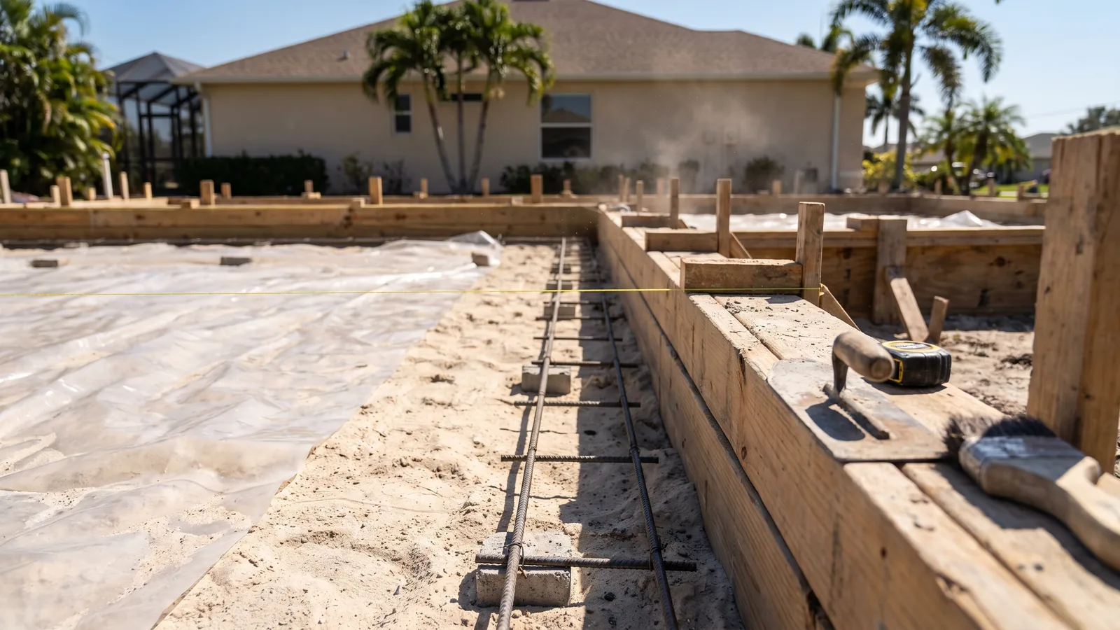 Compacted sand base, vapor barrier and reinforcement inside forms before a slab pour
