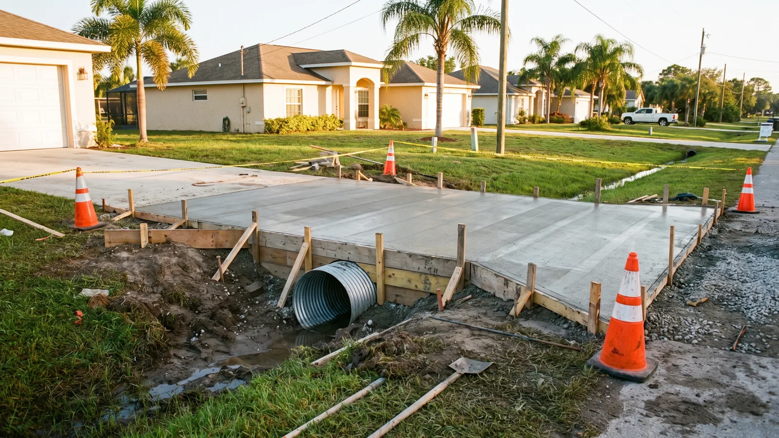 New driveway apron crossing a grassy roadside swale with a culvert pipe on a Port St. Lucie street