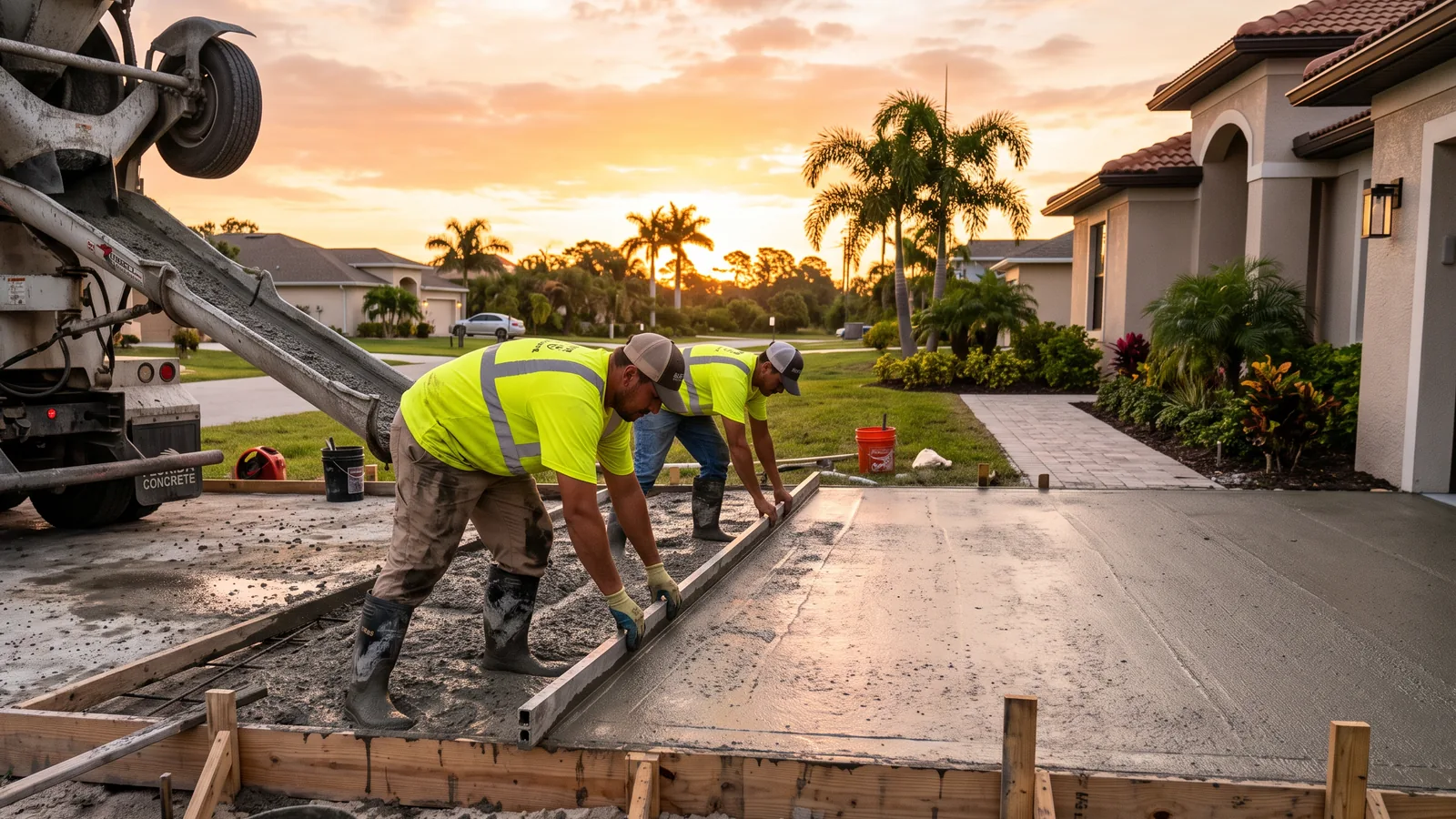 Concrete crew screeding a driveway pour at sunrise on a Port St. Lucie street