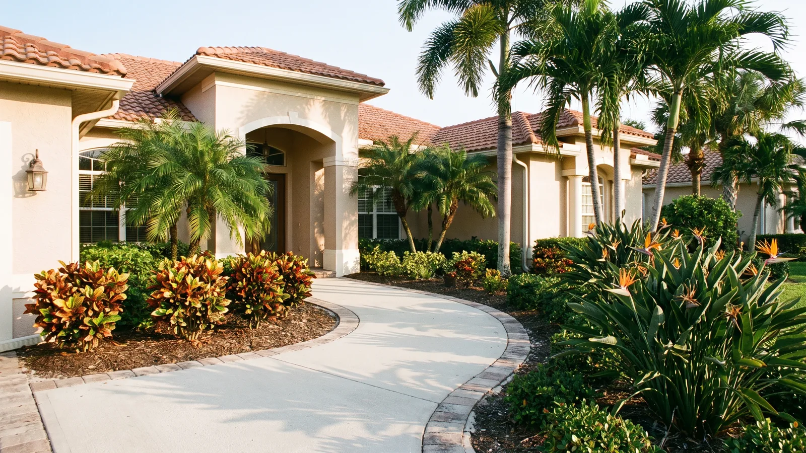 Concrete front walkway with a paver border leading to the entry of a Florida stucco home