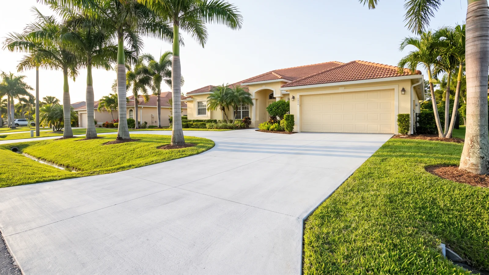 New broom-finished concrete driveway at a stucco block home with a barrel-tile roof and palms in Port St. Lucie, FL