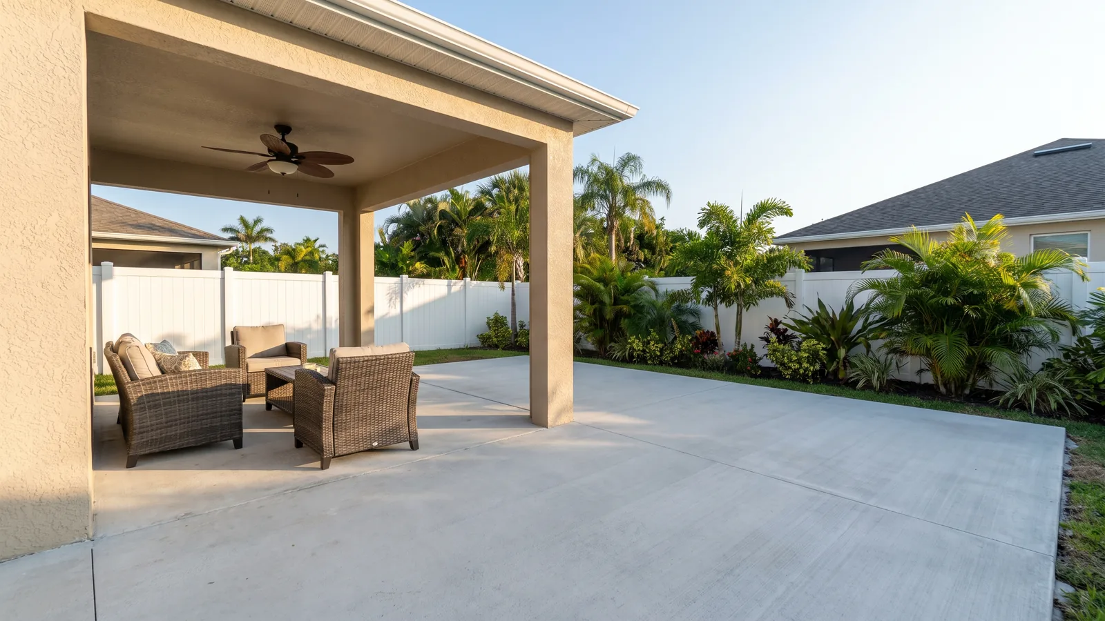 Concrete patio extension poured beyond a covered lanai at a Florida home