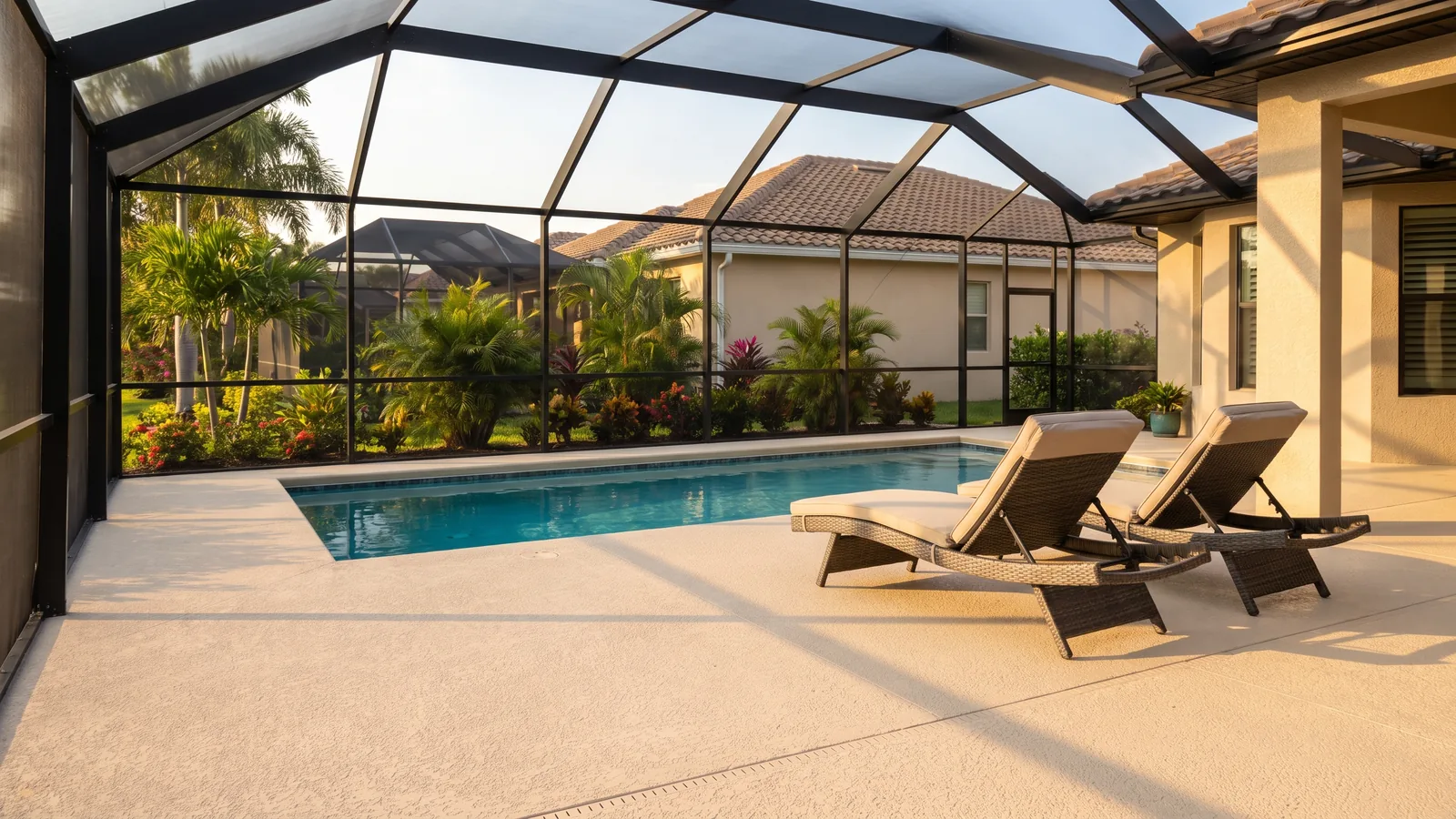Freshly finished textured concrete pool deck inside a screened enclosure at a Port St. Lucie home