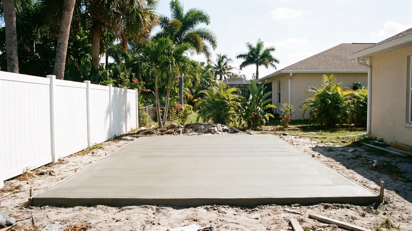 Concrete slab for a storage shed in a side yard with a vinyl fence and palms