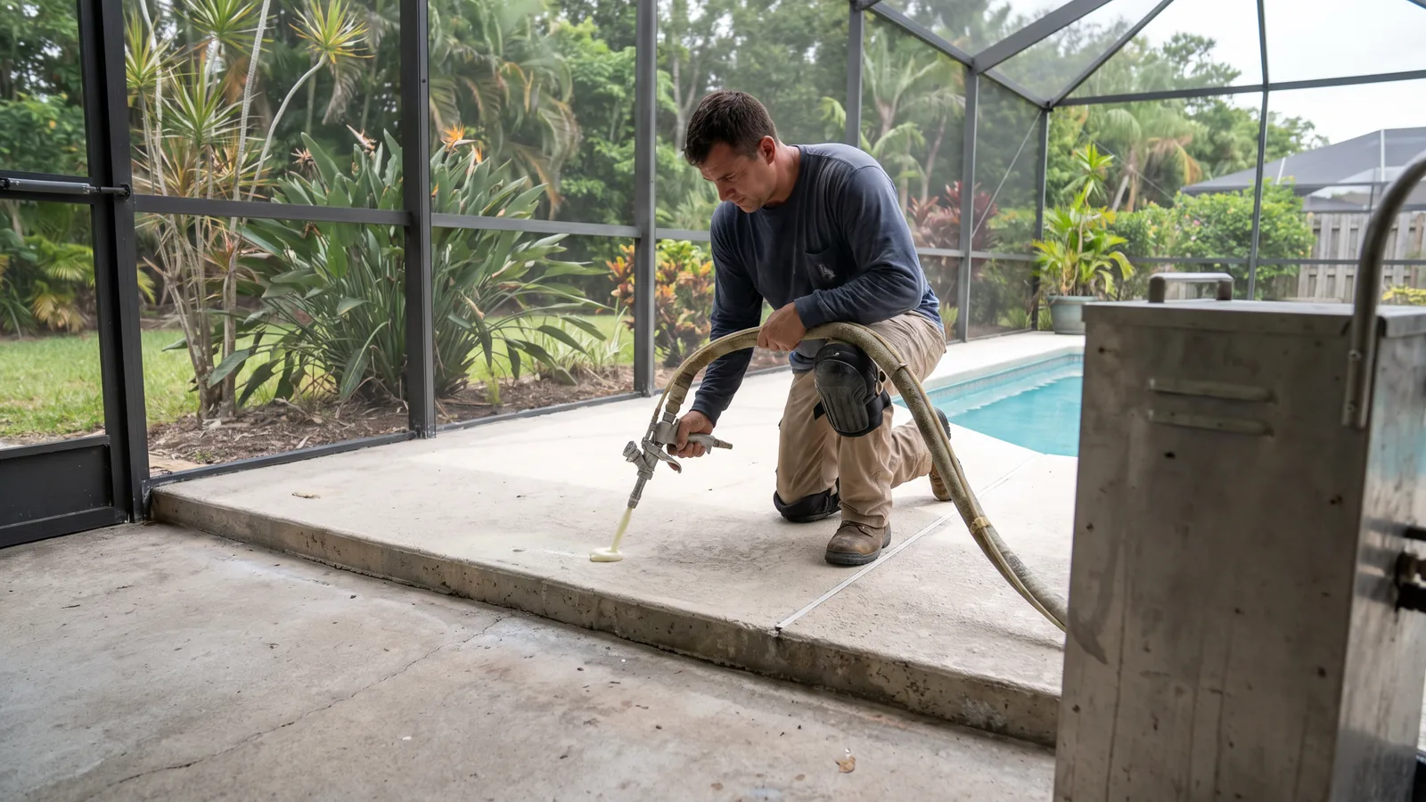 Technician lifting a sunken pool-deck slab with polyurethane foam injection