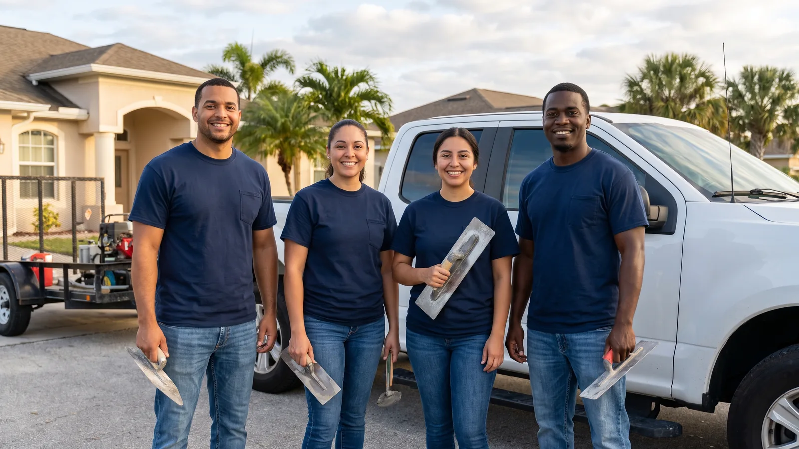 The Port St. Lucie Concrete Co. crew in front of their truck and trailer